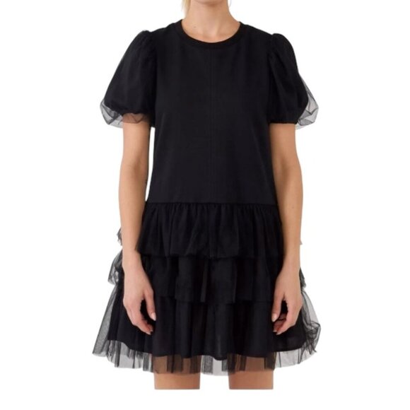 English Factory Mixed Media Cotton T-Shirt Dress Tulle Trim Size Large Women's - Picture 1 of 11